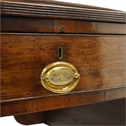Large George III mahogany bowfront sideboard, the shaped top with raised superstructure fitted with three compartments with hinged tops and reeded edge, the body fitted with two central cock-beaded frieze drawers, flanked by a cellarette drawer and hinged cupboard both with faux double drawer facias, raised on ring turned tapering supports
Provenance: Kirkham Hall