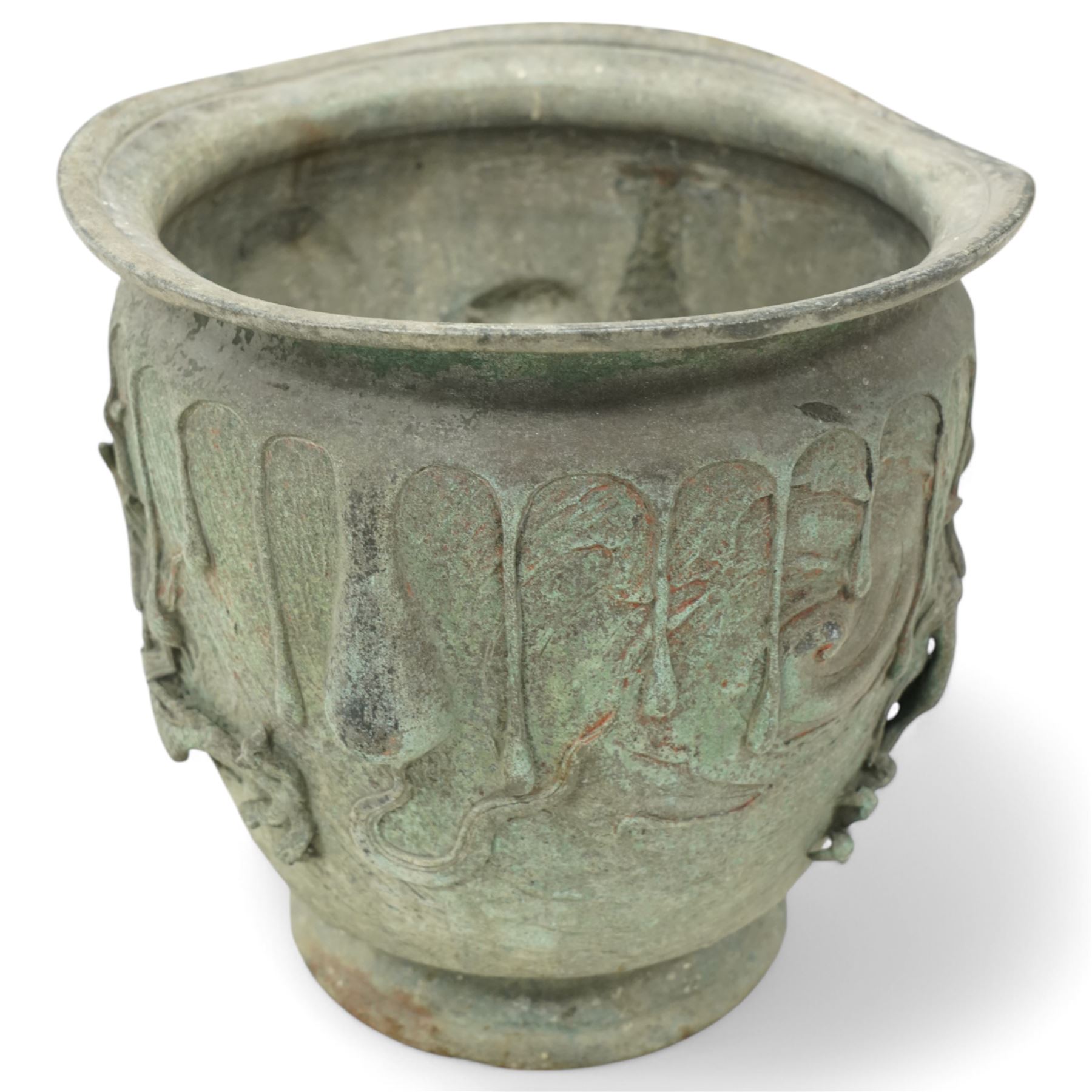 Late 19th/Early 20th Japanese bronze jardiniere, decorated with a raised pattern of dragons chasing flaming pearls H35cm x D36cm