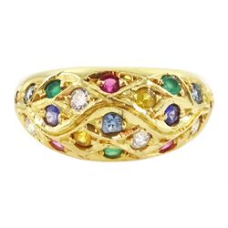 Gold multi stone set dome ring, including sapphire and cubic zirconia, stamped 18ct