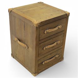 Contemporary leather trunk with handles and bedside table of similar design, three drawers with leather strap handles and leather corners Trunk: H 45cm, D 40cm, W 61cm Bedside table: H 69cm, D 51cm, W 52cm