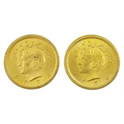Two Persia (Iran) Mohammed Reza Shah 1 Pahlavi gold coins, 1945-1979               
