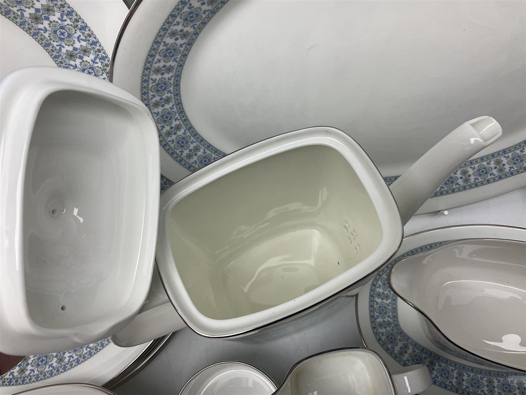 Royal Doulton Counterpoint pattern tea and dinner service for six, to include teapot, teacups and saucers, milk jug, sucrier, dinner plates, covered dishes etc
