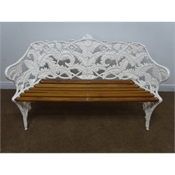  Coalbrookdale style cast metal fern pattern bench, hardwood slatted seat, white painted finish, W148cm  
