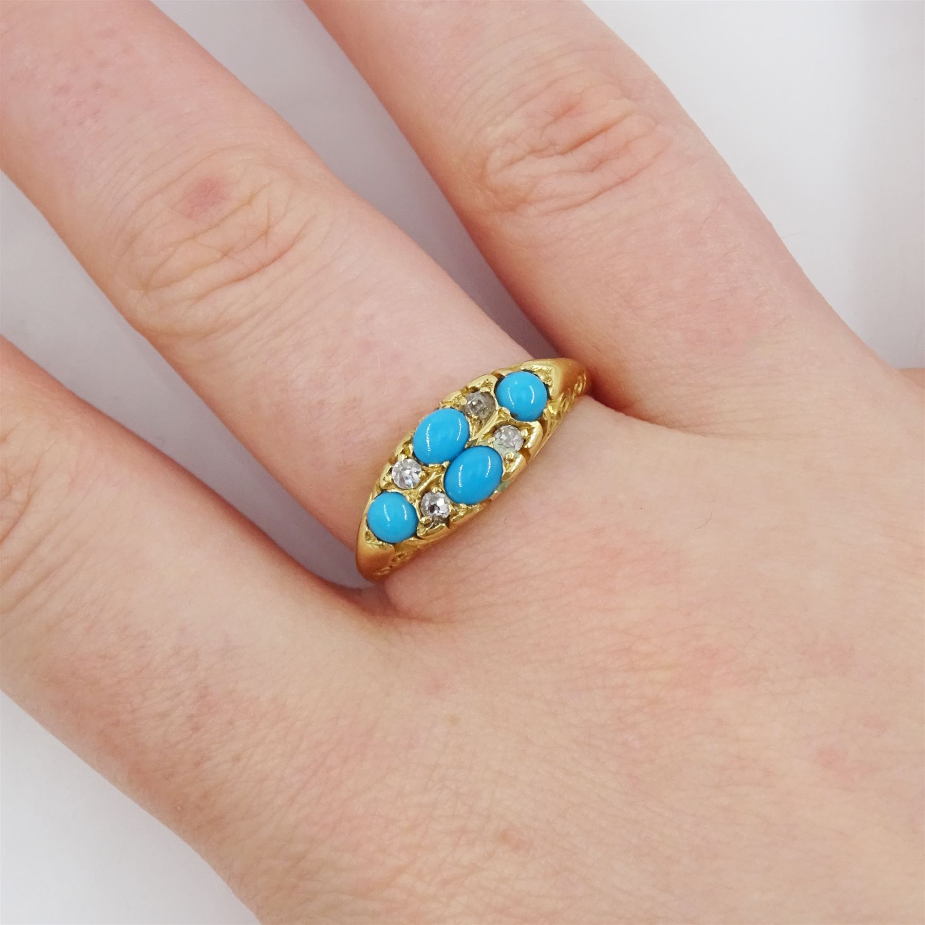 Early 20th century 18ct gold four stone turquoise and four stone old cut diamond ring, Birmingham 1913