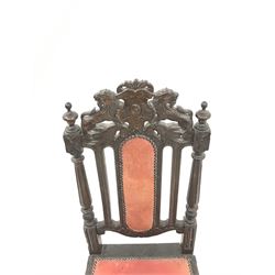 Carolean style oak chair, upholstered studded splat seat, turned tapering reeded supports 
