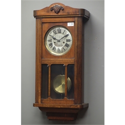  Early 20th century walnut and beech cased wall clock, twin train movement striking on single rod, H73cm  
