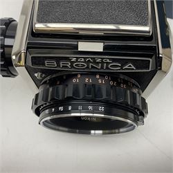 Bronica S2a, type 2 camera body, Serial no. CB152124, with 'Nikon NIKKOR-P 1:2.8 f=75mm' lens, serial no. 190143, in original box 