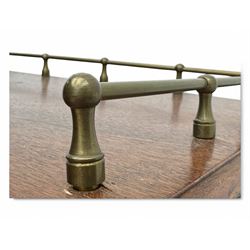 Mid-20th century mahogany open bookshelf, the rectangular top with a brass balustrade gallery, over three shelves each supported by turned column uprights, on shaped apron base