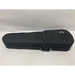 Zest full size pink violin, with a solid wood body and maple head, with matching pink bow and two further bows, in a hard case Length 60cm