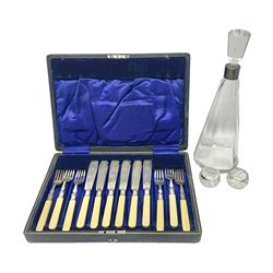 Set of six EPNS fish knives and forks with ivorine handles and hallmarked silver ferrules, boxed, together with a tapering glass decanter with hallmarked silver collar and pair of cut glass salts with hallmarked silver collars, decanter H32cm