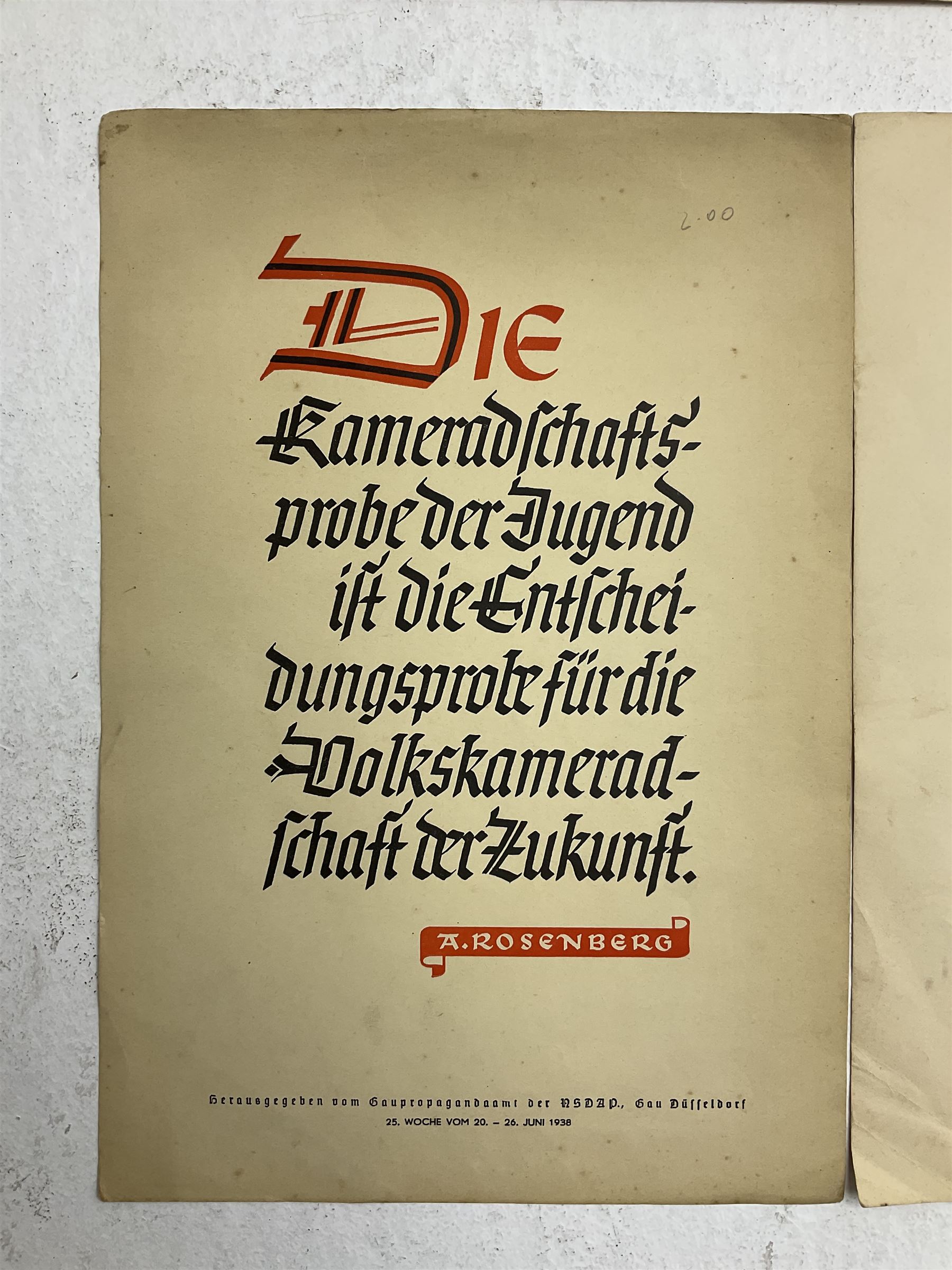 Collection of eight pre-WW2 German Propaganda poster style cards each printed in black and red with sayings by NSDAP leaders and German historical leaders,  featuring quotes by Adolf Hitler, von Goethe, Rosenberg, Magnus Wehner, Moltke, Kolbenheyer etc, each dated 1938 35 x 23.5cm unframed (8)