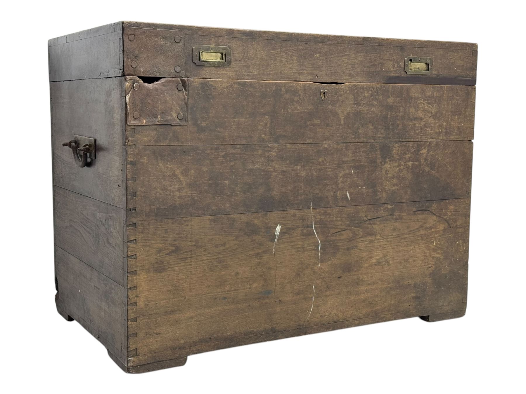Early 20th century oak blanket chest, of rectangular form with iron strap hinges and surface-mounted drop handles, the interior fitted with iron lid stays, on bracket feet