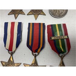 WW2 Canada Volunteer Service Medal 1939-45 with maple leaf clasp; and five WW2 Stars - Burma Star, Atlantic Star, Africa Star with 8th Army clasp, France and Germany Star and Pacific Star with Burma clasp; all with ribbons (6)