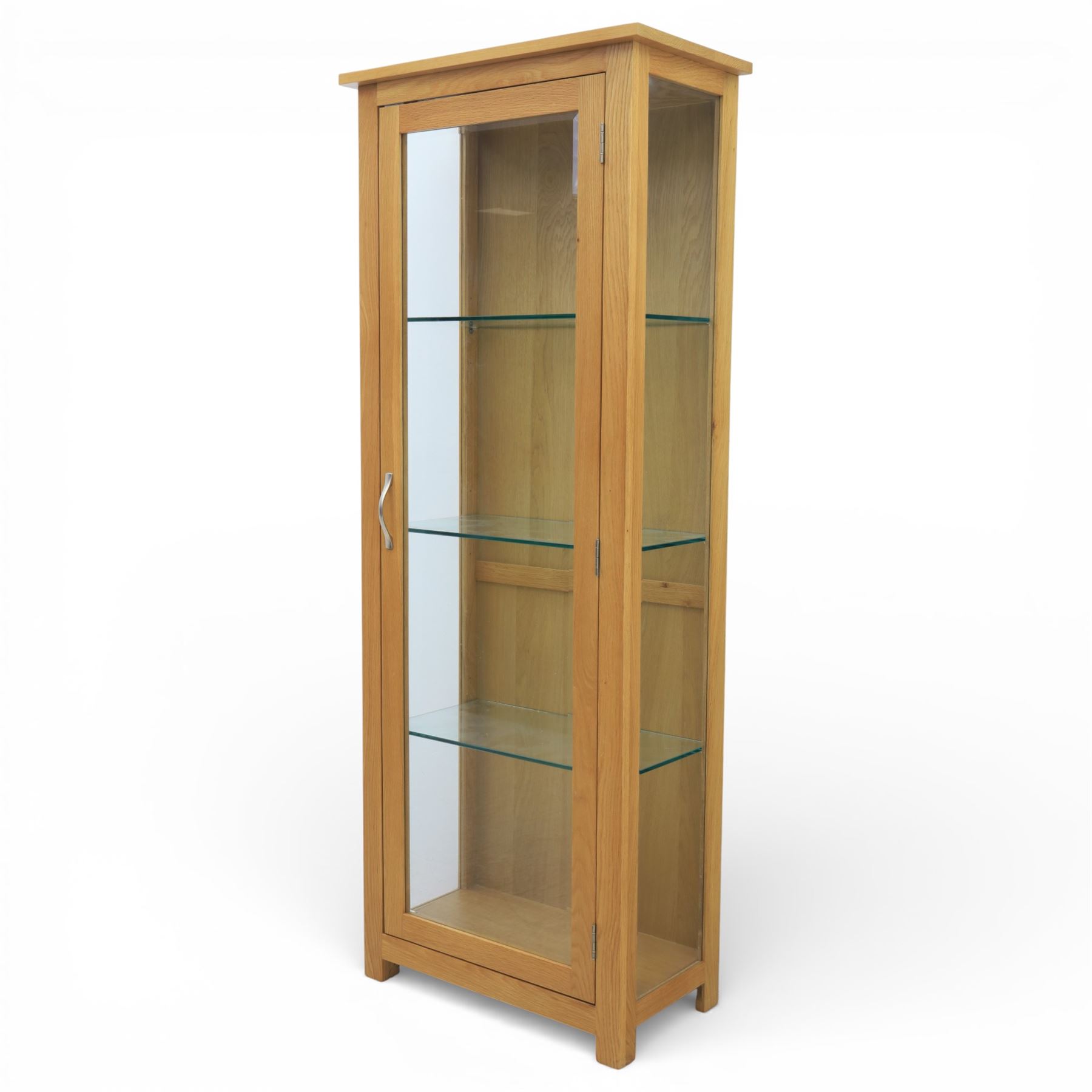 Contemporary light oak display cabinet, fitted with glazed door and glass sides, enclosing three adjustable glass shelves 