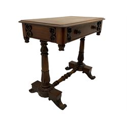 Victorian rosewood stretcher table, moulded rectangular top with rounded corners over single drawer, turned and carved twin pillar supports on platforms joined by turned stretcher, scroll carved feet
