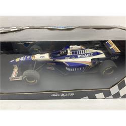Three Minichamps '18' 1:18 scale die-cast racing cars - Jordan Peugeot 196 1996 R. Barrichello; Benetton Renault B196 G. Berger; and Williams Renault FW18 D. Hill; all boxed (3)