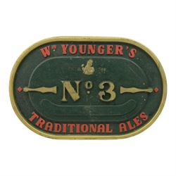 Wm Younger's No. 3 wooden advertising plaque, together with metal advertising sign and a framed poster 
