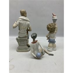 Three Lladro figures, comprising Male Tennis Player no 4894, Olympic Puppet no 4968 and Gymnast Exercising Ball no 5333, all with original boxes, largest example H27cm