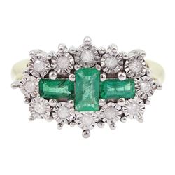 9ct gold emerald and diamond cluster ring, hallmarked, total diamond weight approx 0.20 carat, total emerald weight approx 0.70 carat
