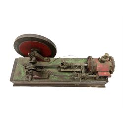 Large stationary live-steam model of a beam engine with 19.5cm fly wheel, on wooden base L47.5cm