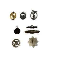 Eight German style badges including Bombers piolet clasp, Proficiency Rune, German Cross in gold etc 