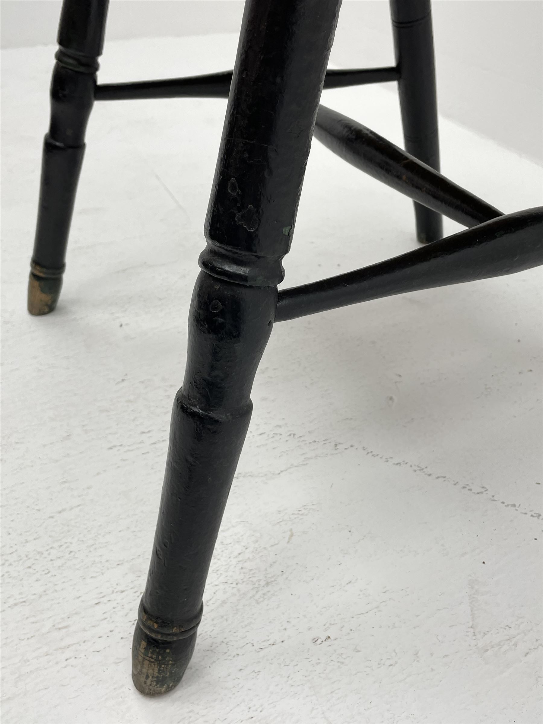 18th century West Country ash and elm Windsor armchair, high hoop and stick back, turned supports with H stretcher, green paint finish