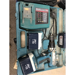 A quantity of hand tools including a Ferm FAG-230 angle grinder, a MacAllister reciprocating saw, a jig saw etc