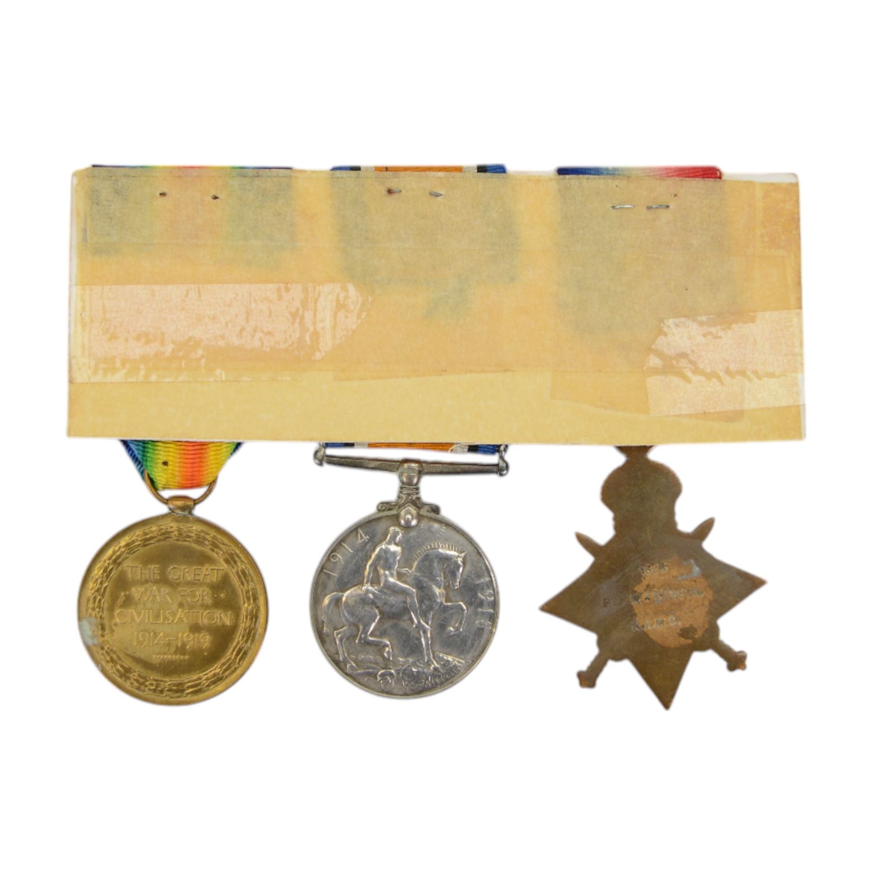 WWI trio of medals, comprising British War Medal, Victory Medal, 1914-15 Star with clasp, awarded to '1623 Pte W. Atkinson Royal Army Medical Corp, together with Royal Army Medical Corp cap badge 
