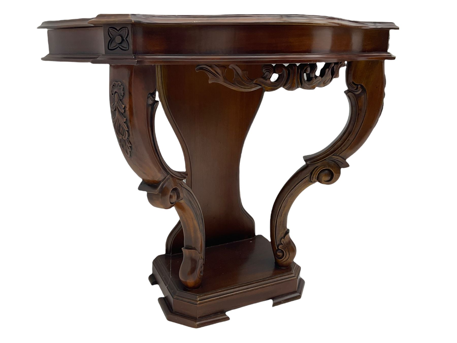 Victorian style mahogany console table, shaped moulded top on scrolled supports, moulded and canted base (W91cm, H76cm, D41cm), and a reproduction mahogany console or side table on reeded supports 