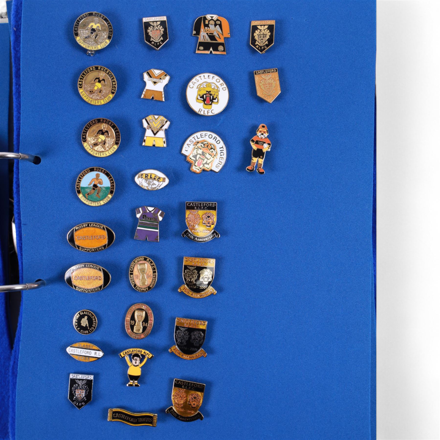 Rugby league enamel badge collection, from Barrow Raiders, Batley, Blackpool Panthers, Bradford Northern, Bradford Bulls, Bramley, Castleford, Catalan Dragons, Celtic Crusaders, Dewsbury Rams, Doncaster, Featherstone Rovers and Halifax, housed in two folders, (approximately 280)