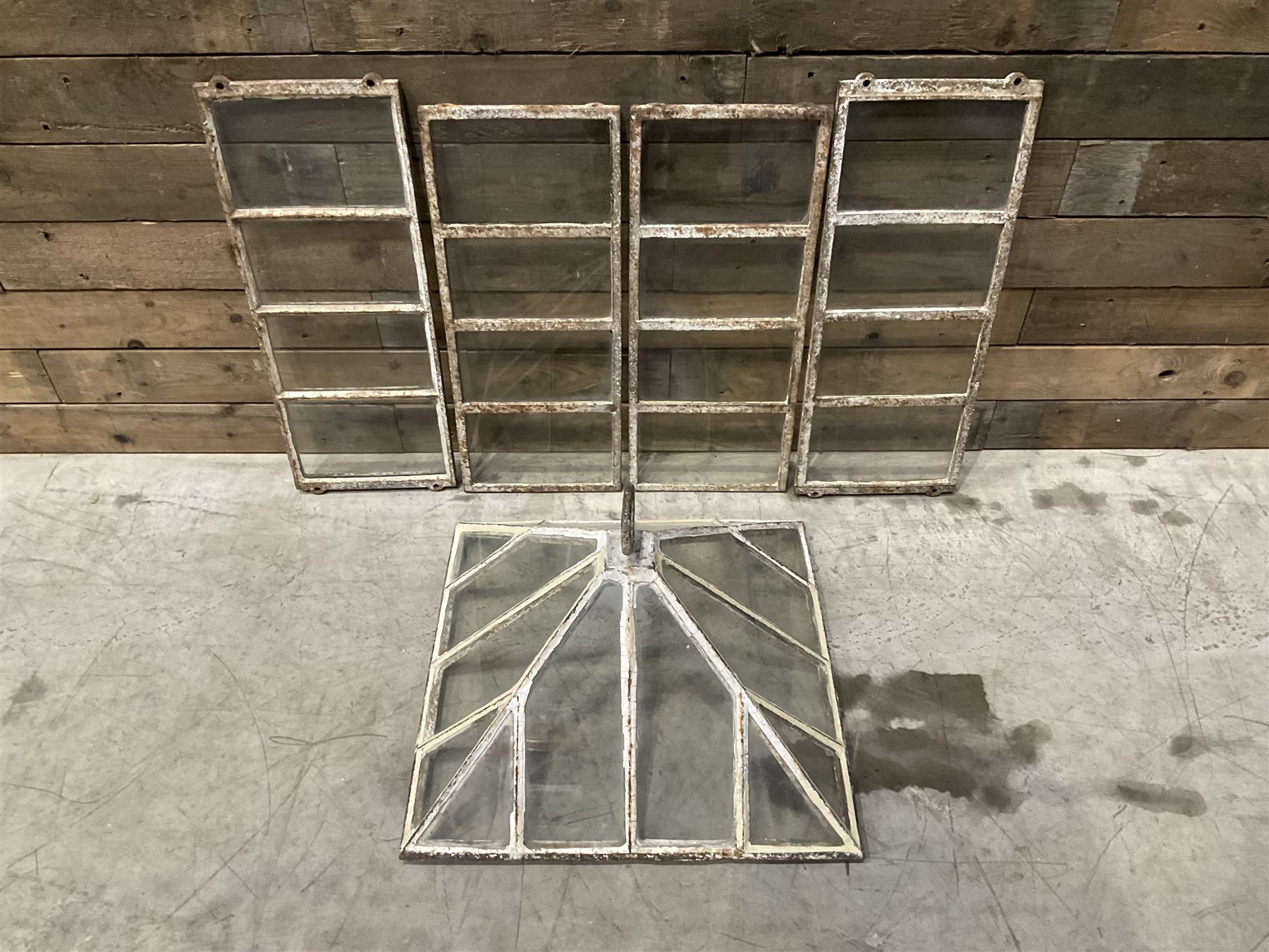 Victorian painted iron framed square garden cloche lantern, with associated sides (larger than the top piece), no fittings