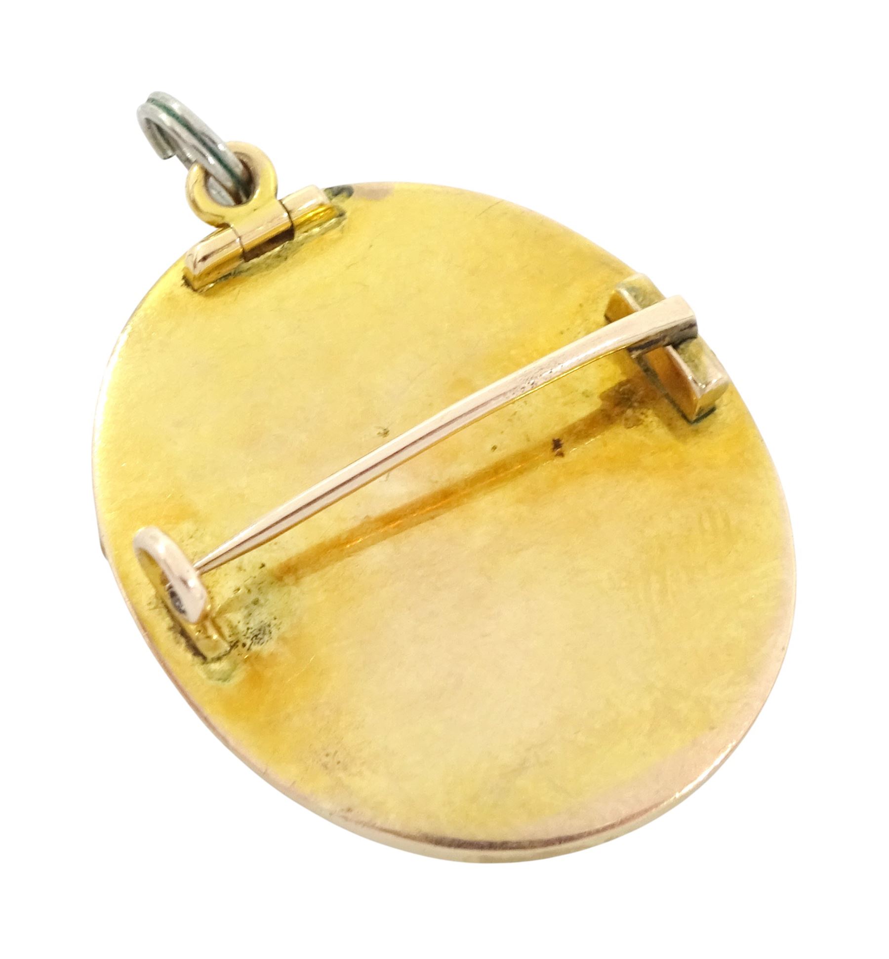 19th century 9ct gold seed pearl brooch/ pendant, set with an oval miniature of a woman, on ivory, under a glazed panel, with a seed pearl surround. This lot has been registered for sale under Section 10 of the APHA Ivory Act