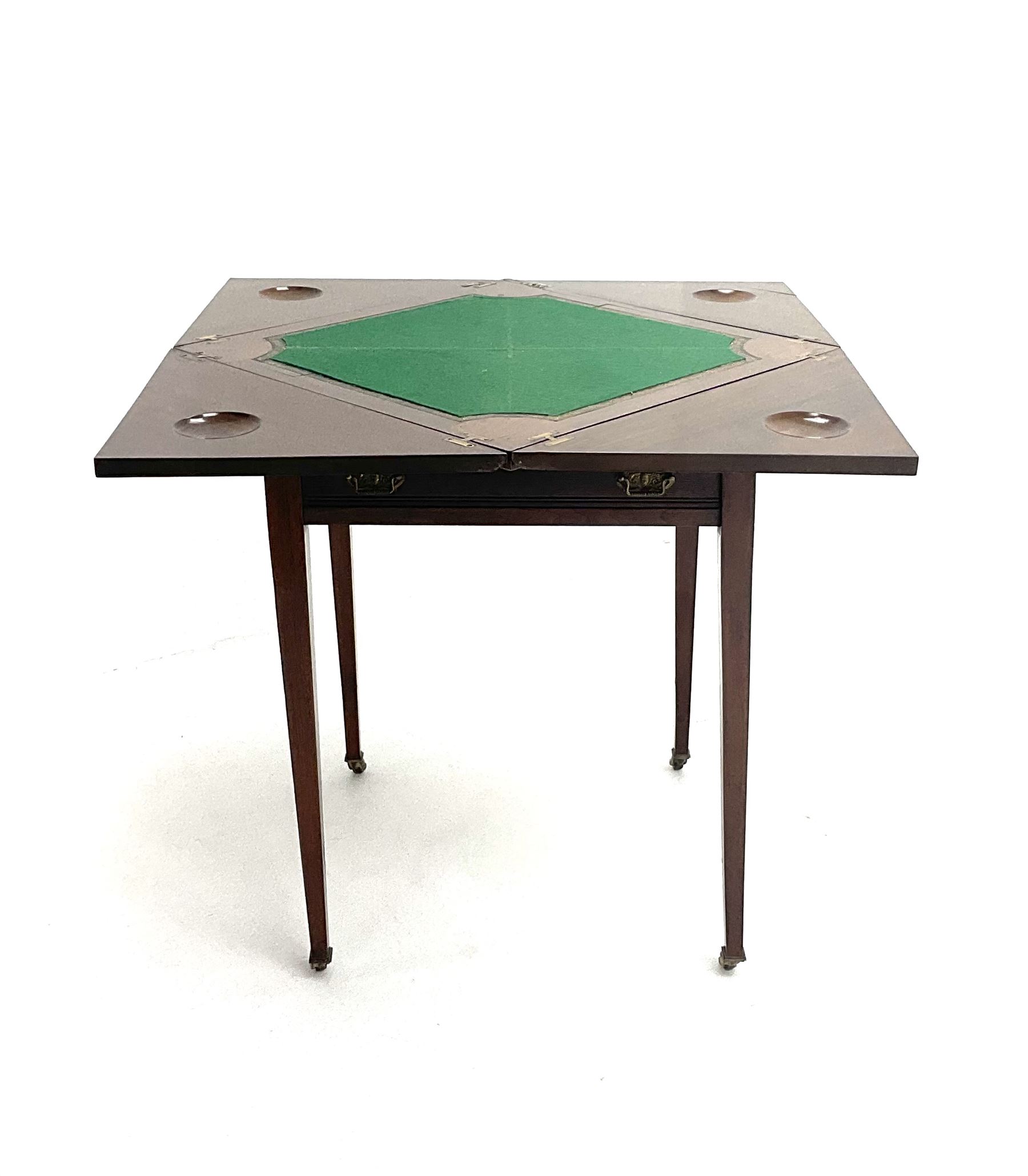 Edwardian envelope card table, inlaid baize top, four counter wells