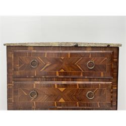 19th/20th century French chest, grey marble top over four graduating drawers, fruitwood matched and parquetry veneers, shaped ogee apron and feet 