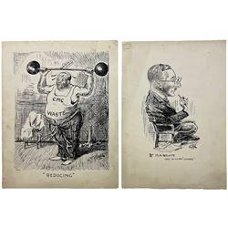 William O Norris (British 19th Century) - Large folio of humorous pen and ink illustrations for Crittall Magazine and other original works to include various advertisement drafts for Eastern National and Marconis Wireless Telegraph Company, mostly dated '25, and a photograph of the artist at work max 36cm x 46cm 
