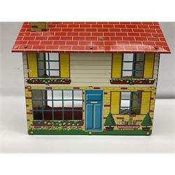 Mid-century Marx style tin dollhouse and quantity of dolls house furniture, H35cm