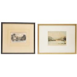 Edward Francis Wells (British 1876-1952): 'Evening Flow - Derwentwater' and 'Ullswater', two etchings with aquatint signed and titled in pencil, stamped with Rembrandt Guild Artists Proof blindstamp; D le Roux (20th century): Mountain Valleys, pair of watercolours signed, together with three other pictures including York-themed etchings max 22cm x 30cm (7)