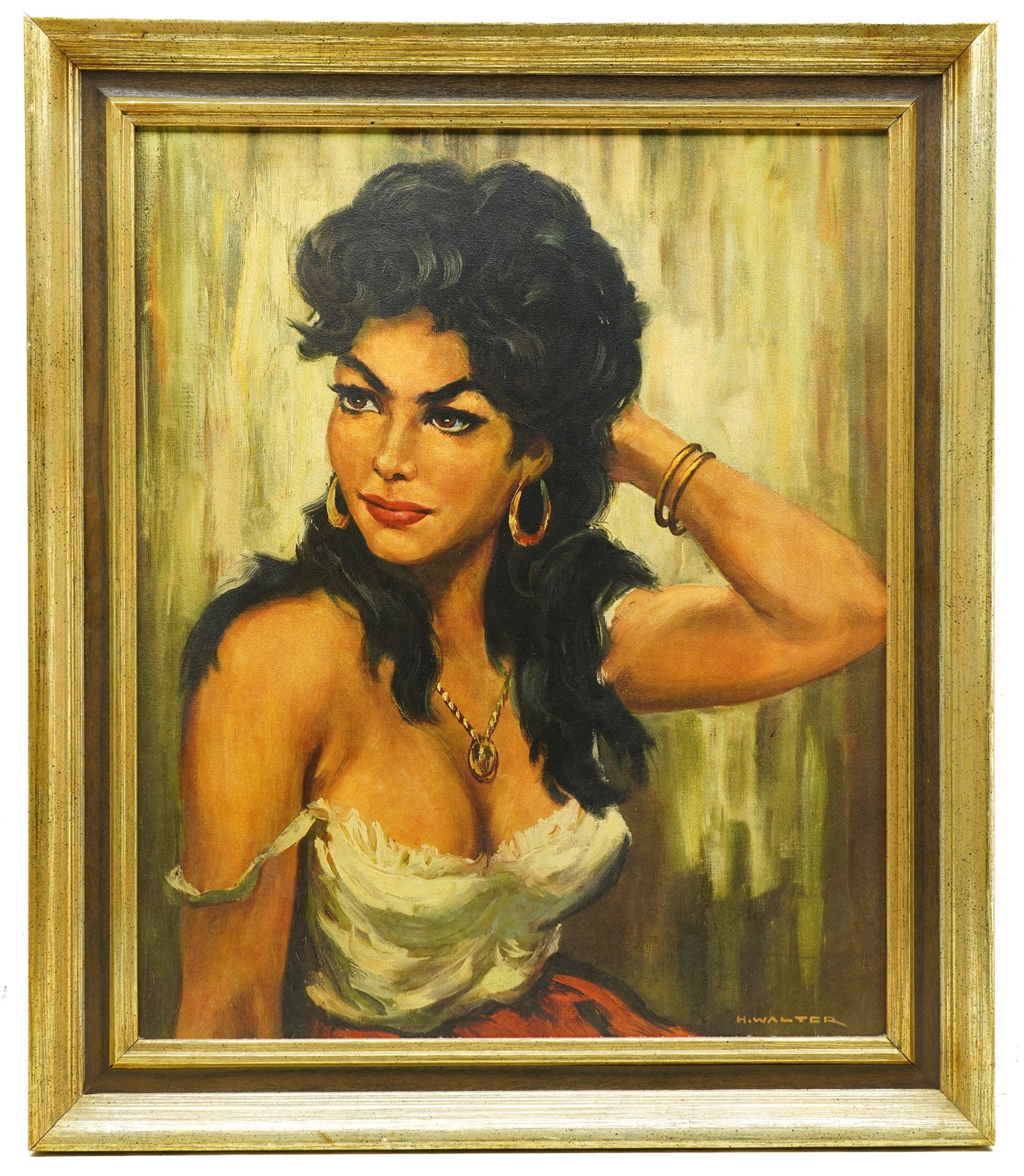 After Torino & H Walter (Mid-20th century): Portrait of a Mediterranean Woman and Romano Gypsy Girl, pair mid-century colour prints 58cm x 48, housed in matching gilt frames, overall 70cm x 60cm (2)