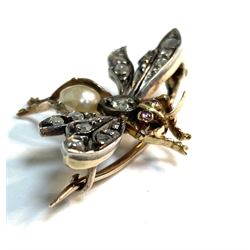 Victorian gold and silver insect brooch, the wings set with rose cut diamonds, the body set with a diamond and single pearl 