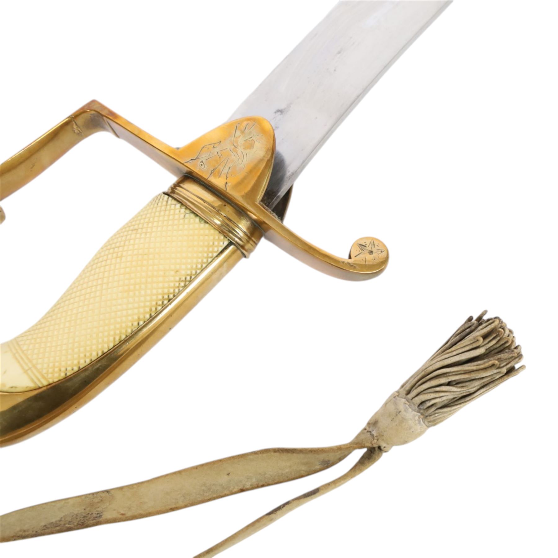 British 1976 pattern cavalry officers' saber variation of  private purchase, the 76cm single edged blade extremely curved, brass stirrup hilt with chequered ivory grip the languets bearing military trophies, with original buck skin sword knot, the leather scabbard has three brass mounts with twin suspension rings, the top mount bears makers cartouche of 'Tatham to his Majesty, Charing Cross London', 1800-1860, overall L90cm  This item has been registered for sale under Section 10 of the APHA Ivory Act 