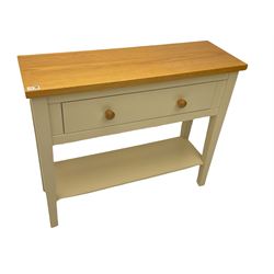 White and oak console table, fitted with single drawer