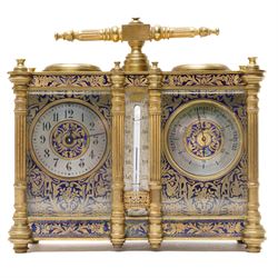 French-late 19th century combination brass carriage timepiece with barometer, thermometer ...
