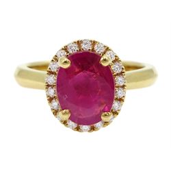 18ct gold oval ruby and diamond cluster ring, hallmarked, ruby approx 1.90 carat