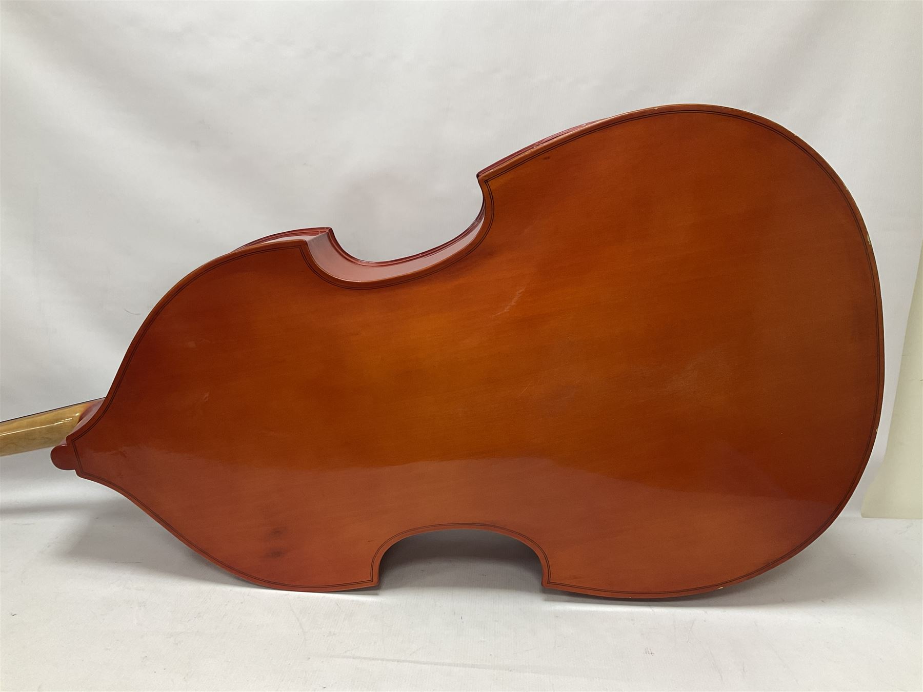 Contemporary 3/4 Double Bass, Body height bottom to shoulder 110cm, With steel tuning pins and ebonised fingerboard, no strings, bridge, tail piece, or endpin Although called a 3/4 size bass, this size is recognised as a regular sized Double Bass 
