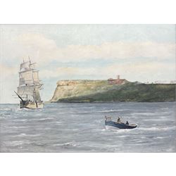 Robert Sheader (British 20th century): Brigantine and Coble off Scarborough North Bay, oil on board signed 59cm x 79cm