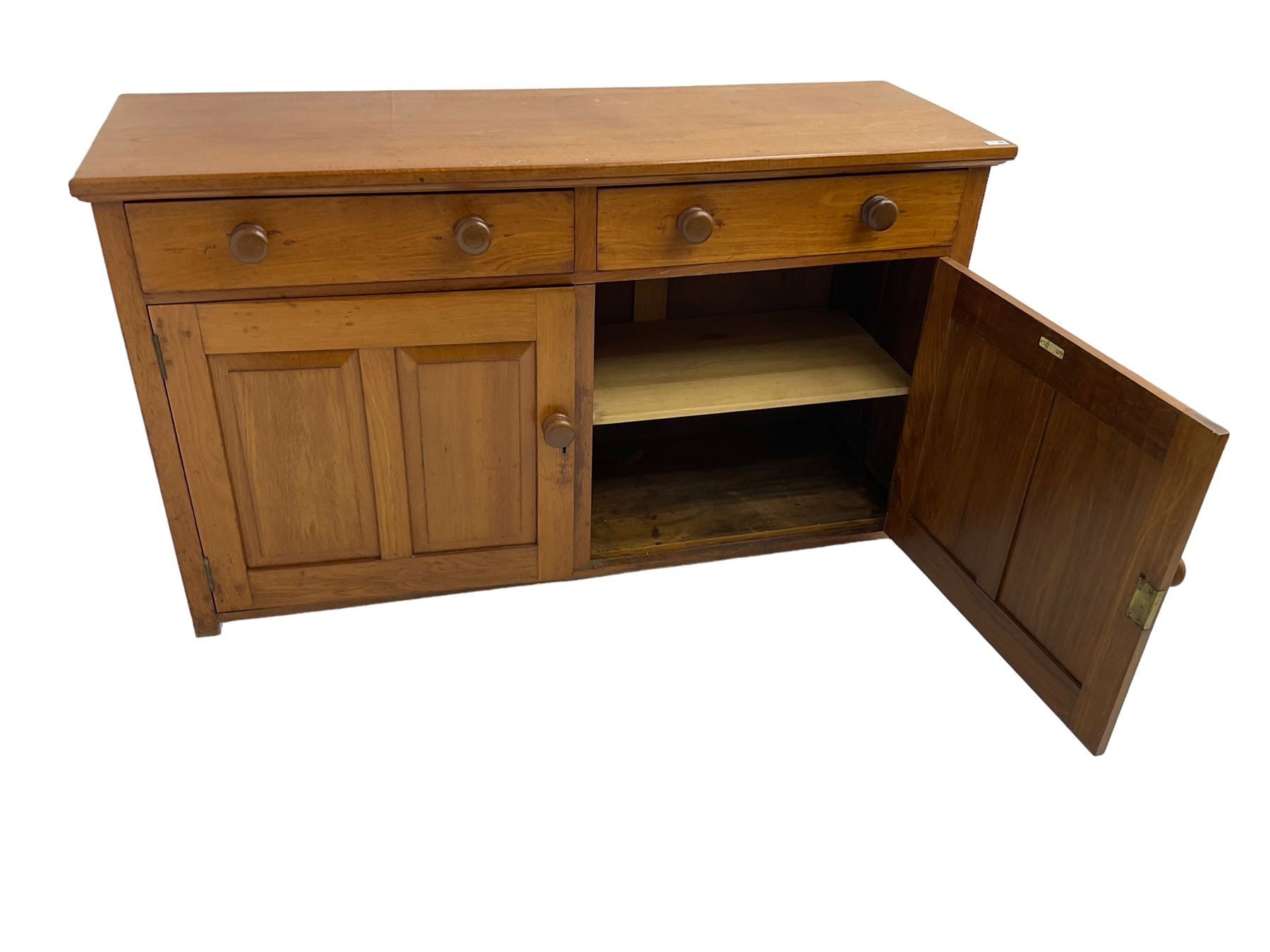 JAS Brister & Co Ld - Mid-20th century teak sideboard, fitted with two drawers over two panelled cupboards, stamped 'JAS. Brister & Co Ltd., Complete House Furniture, Port Elizabeth'