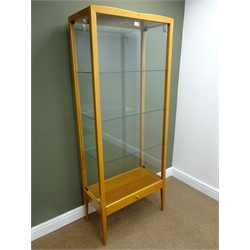  Beech display cabinet with two doors, three glass shelves, square tapering supports, W70cm, H176cm, D35cm   