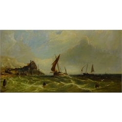  James Edwin Meadows (British 1828-1888): Fishing Boats returning to the Coast, oil on canvas signed and dated 1865,  29cm x 54cm  