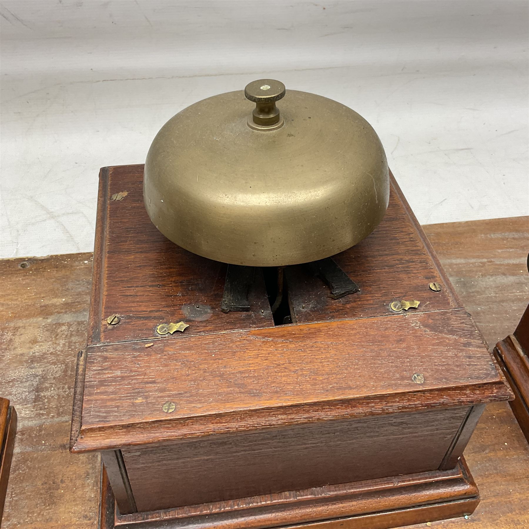 Railway signal boxes, mounted on plinth, with railway block indicators for Up Line and Down Line, having an electromagnetic indicator showing 'Train on Line' 'Line Clear' and 'Line Blocked', and brass signal bell to the centre, L100cm
