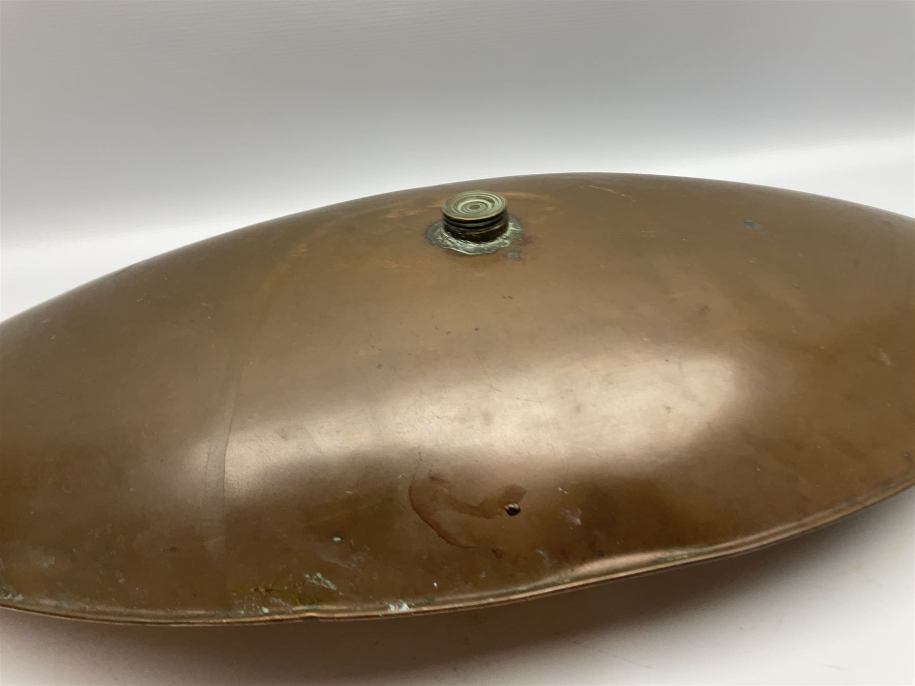 Victorian copper carriage foot warmer of flattened oval form with two carrying handles, L70cm